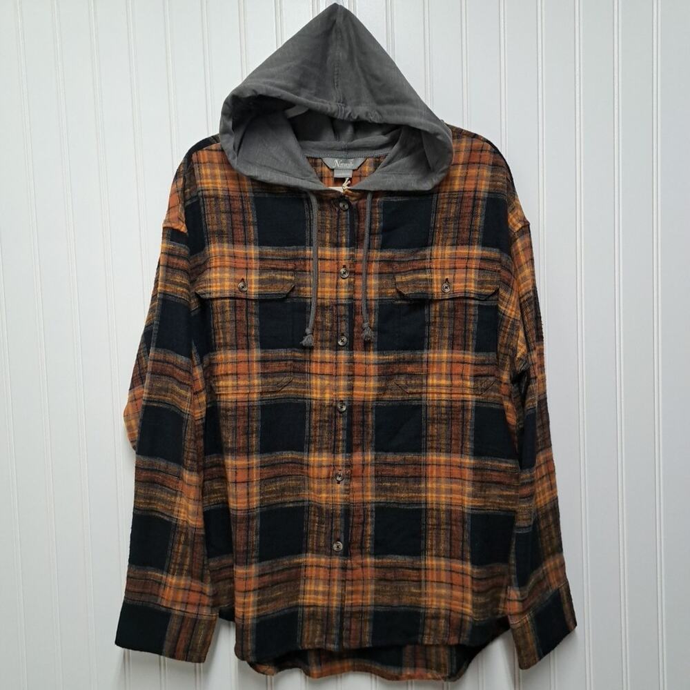 NWT Natural Reflections Button Front Shirt Womens L Orange Plaid Flannel Hood